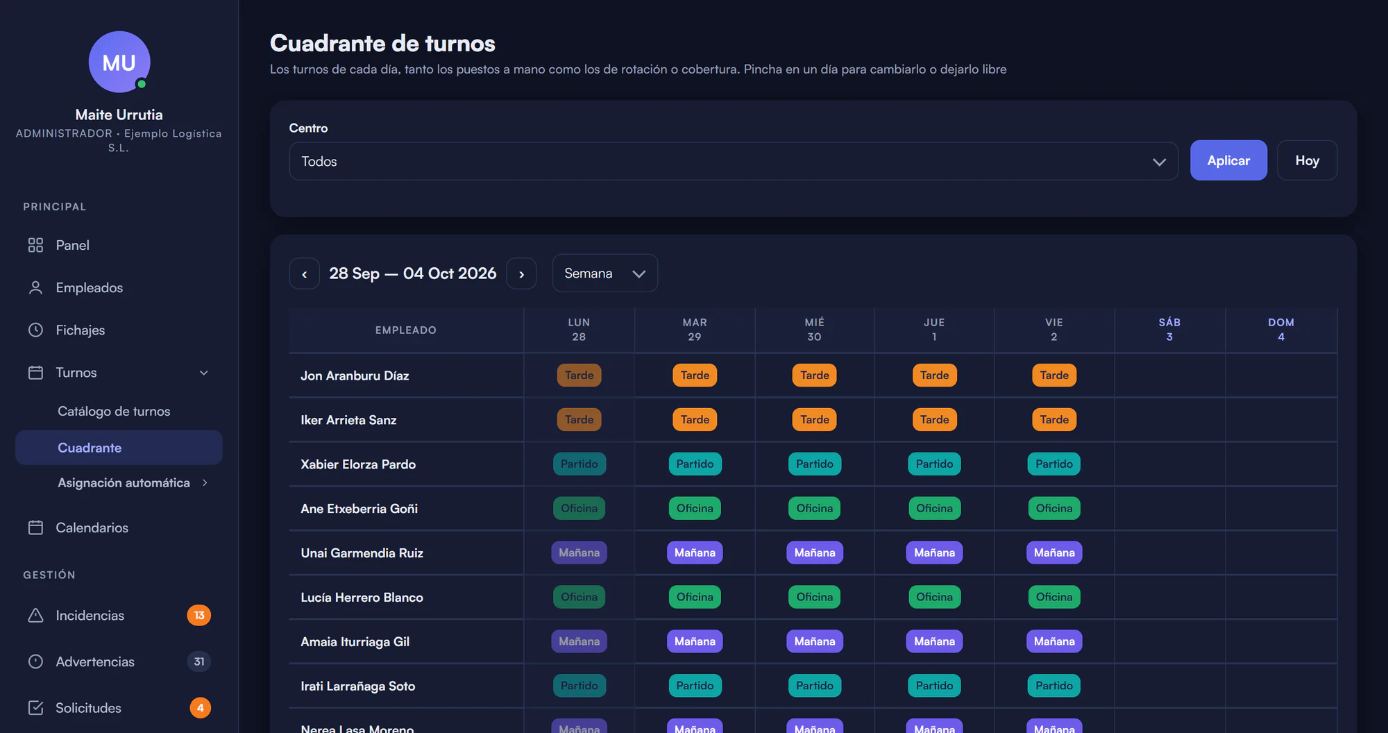 Cuadrante semanal de turnos por empleado, con mañana, tarde, oficina y partido.