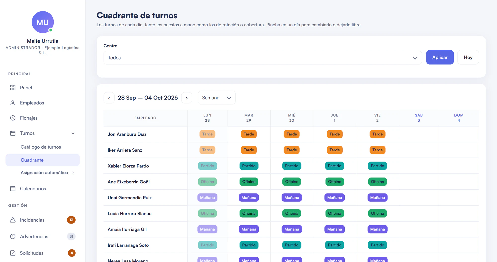Cuadrante semanal de turnos por empleado, con mañana, tarde, oficina y partido.