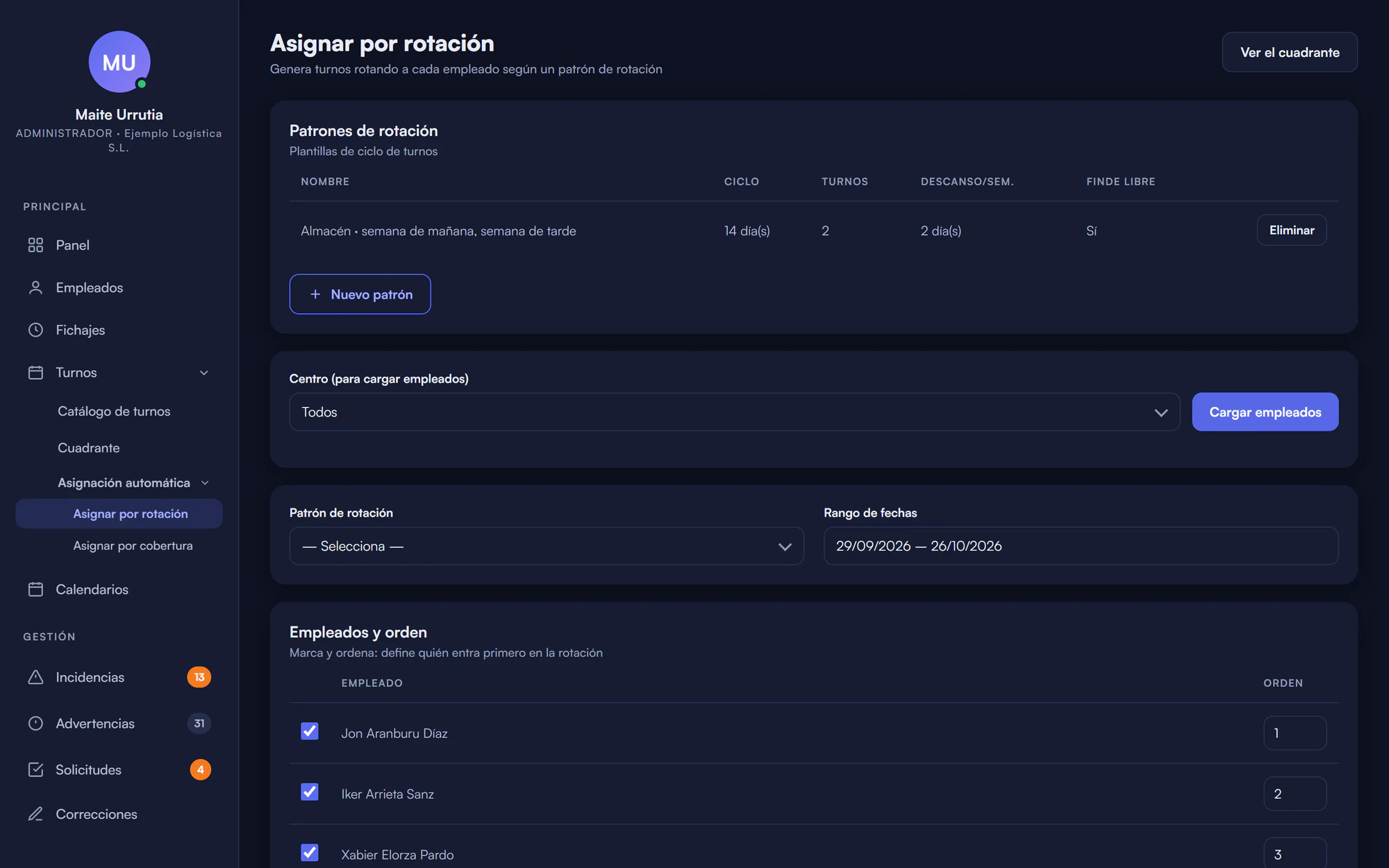 Patrón de rotación de mañana y tarde con la lista de empleados que entran en el ciclo.