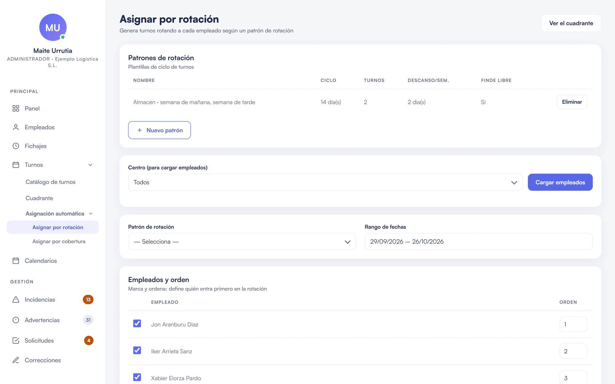Patrón de rotación de mañana y tarde con la lista de empleados que entran en el ciclo.