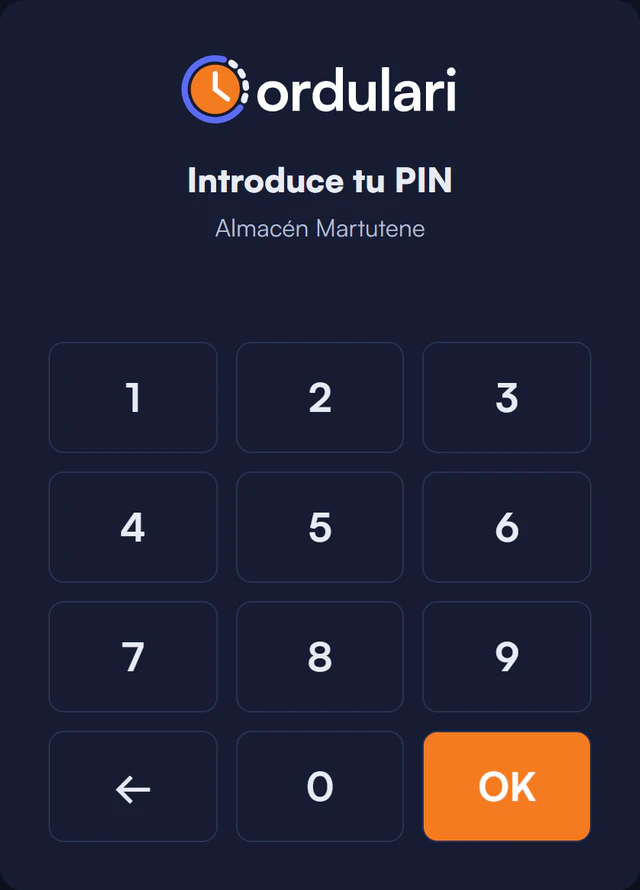 Pantalla del quiosco de fichaje: teclado numérico para introducir el PIN.