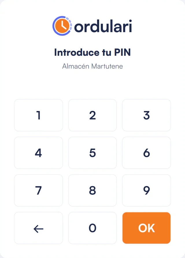 Pantalla del quiosco de fichaje: teclado numérico para introducir el PIN.